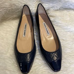 Gently worn Manolo Blahnik Quilted Flats with Patent Leather Toe detail